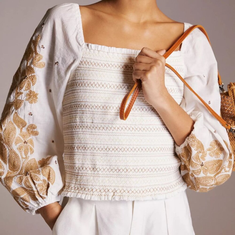 Anthropologie Smocked Embroidered Top
